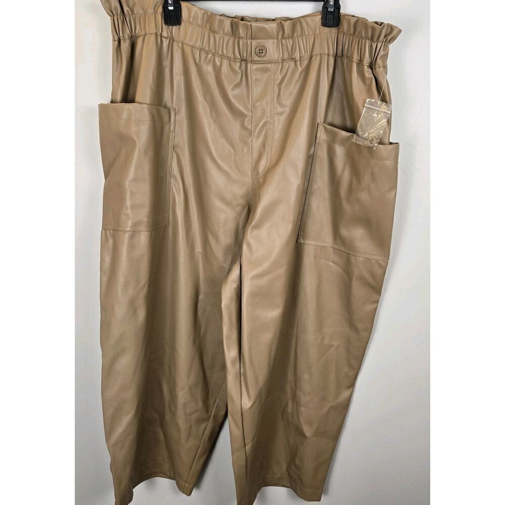 NWT Women's Size 3X Ophelia Roe Faux Leather Tan Pants Mid-Rise Tapered Leg 24" - Picture 1 of 10